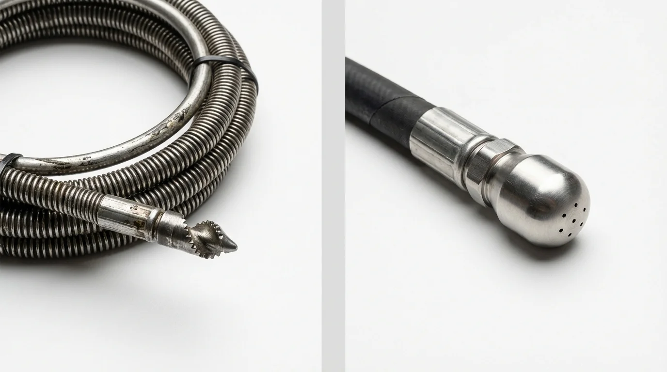 Drain snake cable and hydro jetting nozzle used for drain cleaning in Nashua, IA