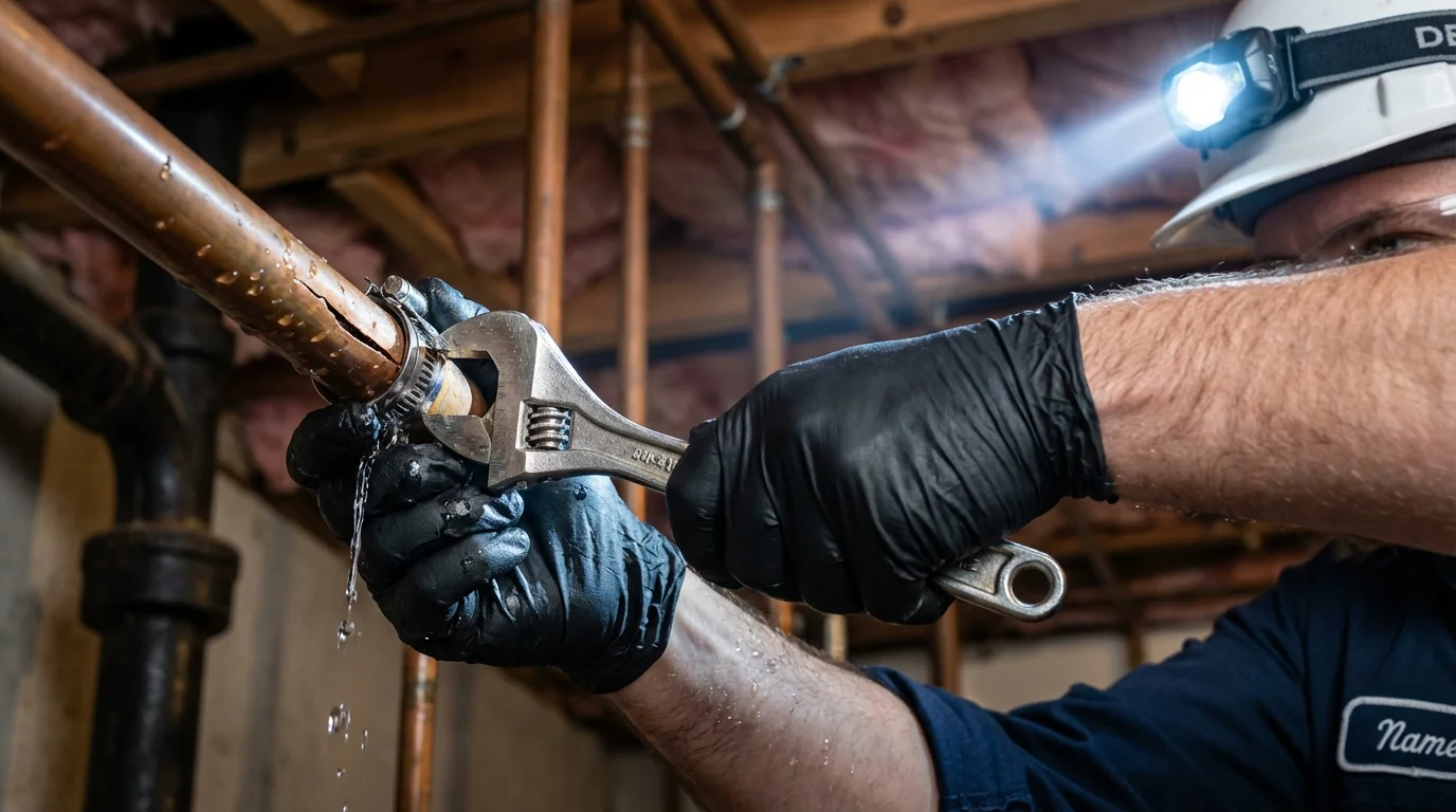Emergency pipe clamp repair being performed by a Johns Plumbing LLC plumber in Nashua
