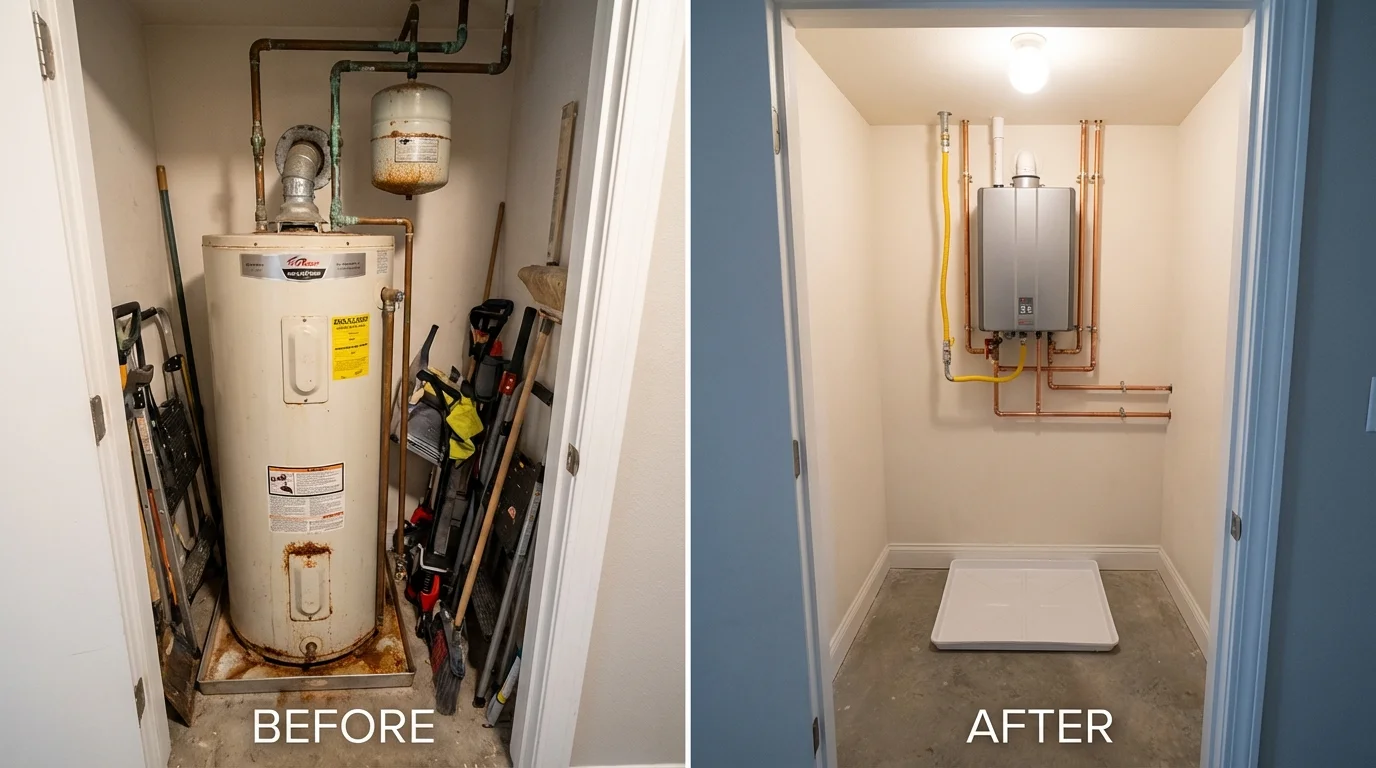 Tank water heater versus wall-mounted tankless unit comparison for Nashua, IA homeowners