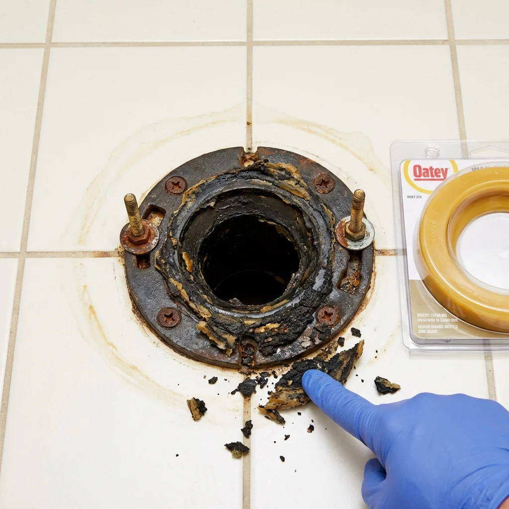 Failed wax ring showing water seepage at the base of a toilet in a Nashua, IA home