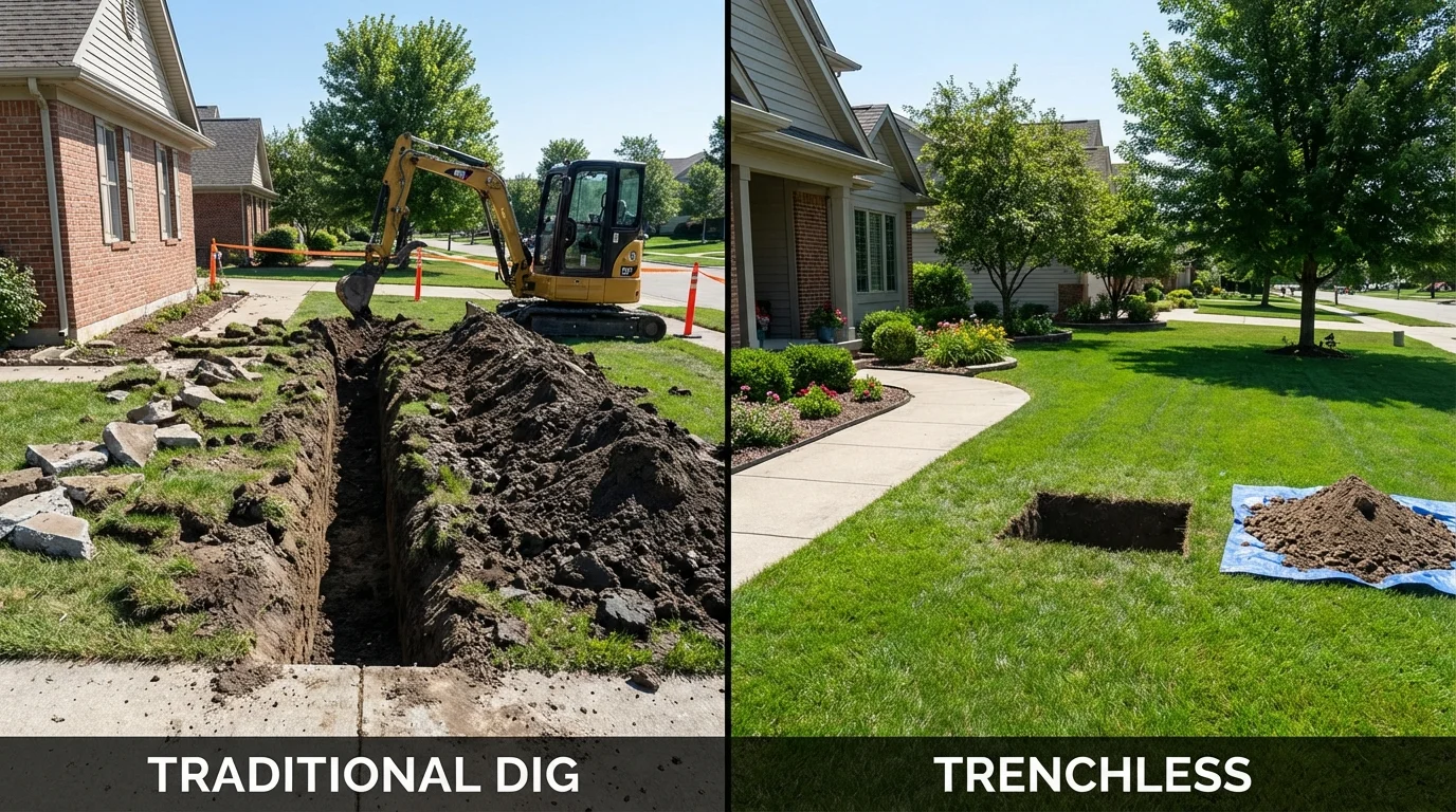 Trenchless sewer repair with minimal yard damage versus traditional excavation in Nashua, IA
