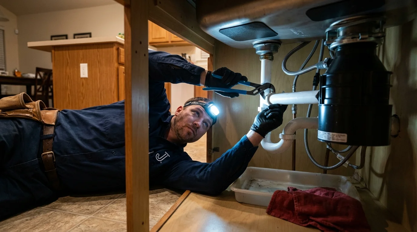 P-trap and supply line connections under a kitchen sink showing a common leak point in Nashua, IA